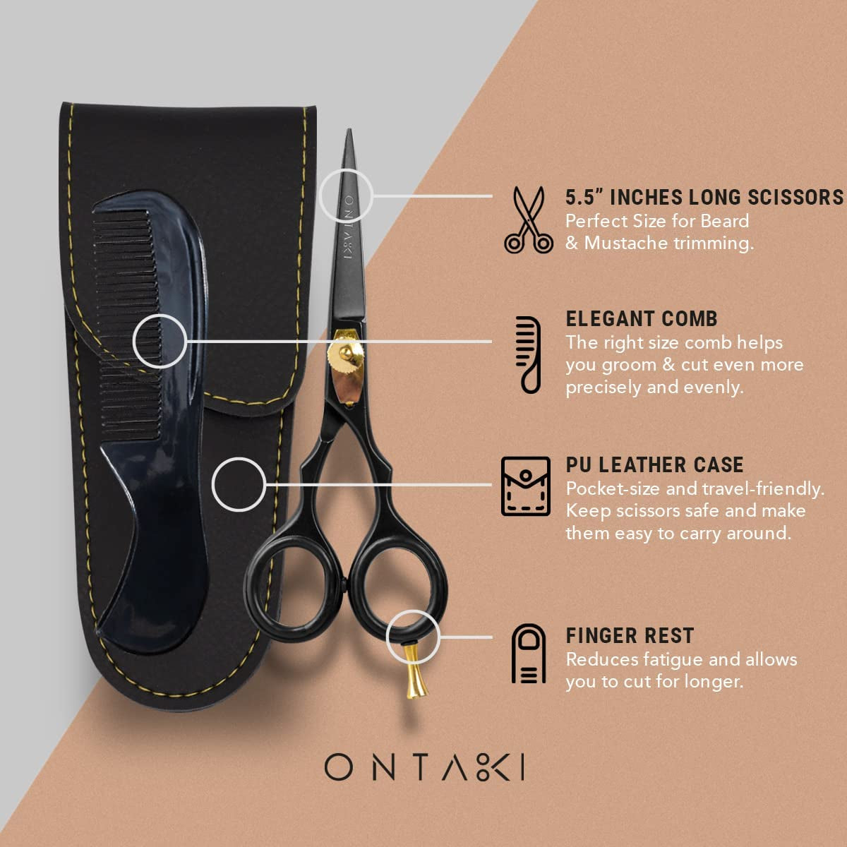 Japanese Steel Beard & Hair Trimming Scissors - 5.5 In, Black - Finger Rest & Tension Knob for Hair & Mustache Scissors - Alloy Steel for Mustache Kit