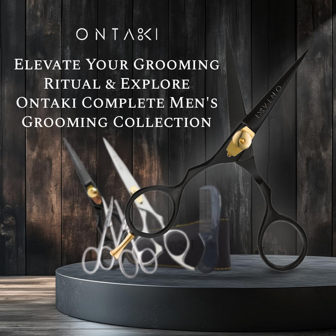 Japanese Steel Beard & Hair Trimming Scissors - 5.5 In, Black - Finger Rest & Tension Knob for Hair & Mustache Scissors - Alloy Steel for Mustache Kit
