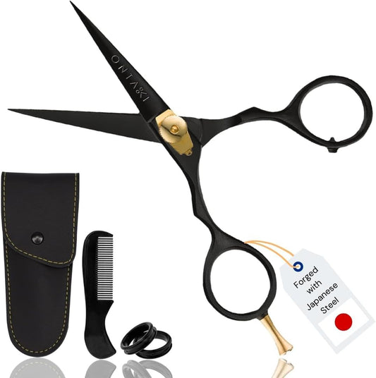 Japanese Steel Beard & Hair Trimming Scissors - 5.5 In, Black - Finger Rest & Tension Knob for Hair & Mustache Scissors - Alloy Steel for Mustache Kit