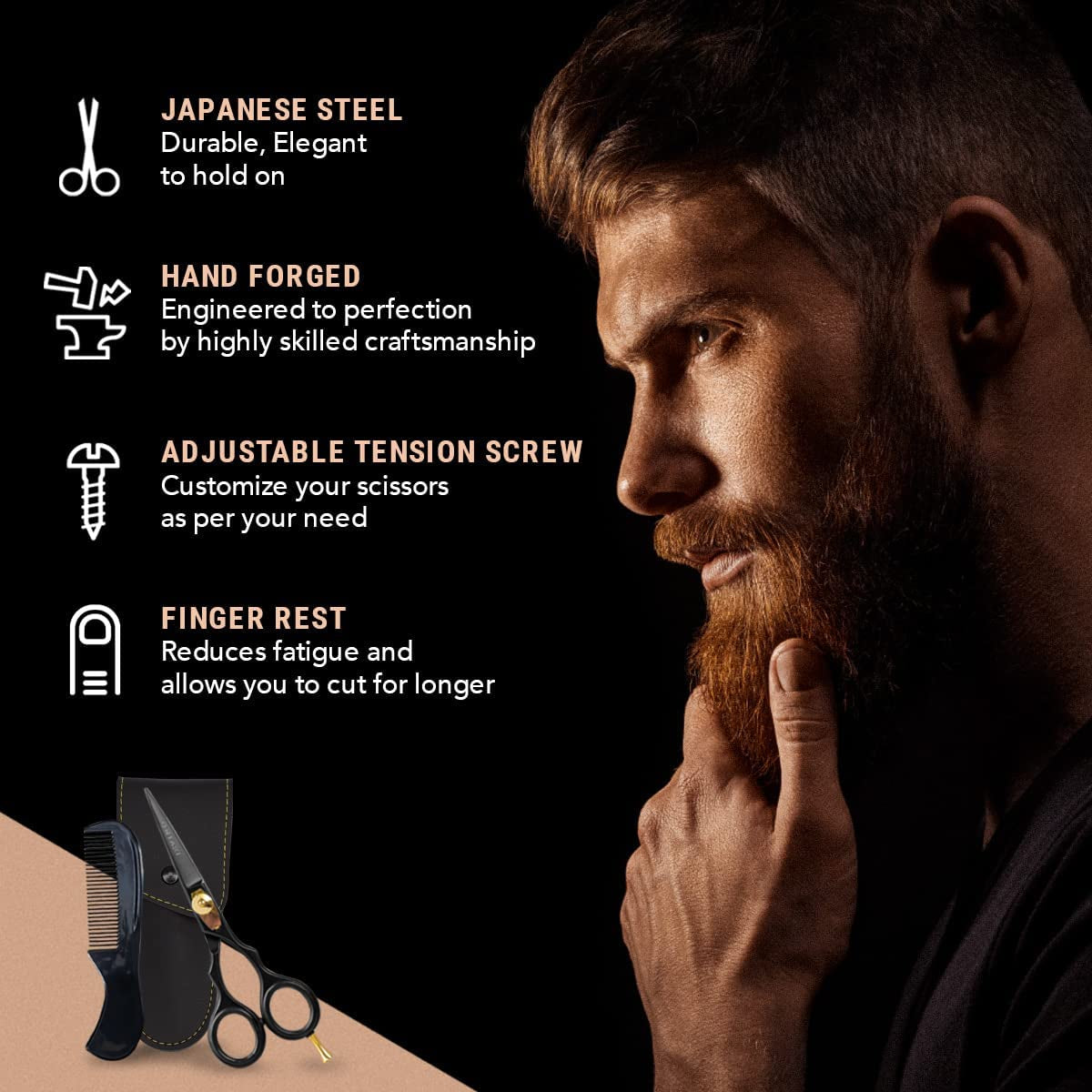 Japanese Steel Beard & Hair Trimming Scissors - 5.5 In, Black - Finger Rest & Tension Knob for Hair & Mustache Scissors - Alloy Steel for Mustache Kit