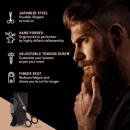 Japanese Steel Beard & Hair Trimming Scissors - 5.5 In, Black - Finger Rest & Tension Knob for Hair & Mustache Scissors - Alloy Steel for Mustache Kit